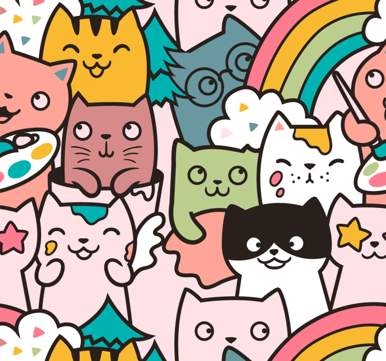 儿童盲人猫咪涂鸦粉彩色图案 - TenStickers