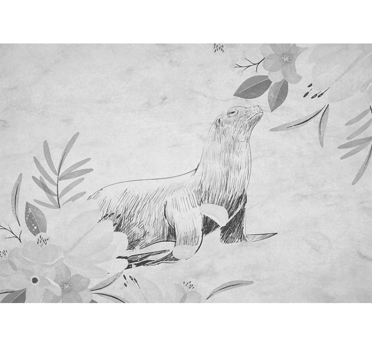 白盲在水中游泳的灰海豹与花朵 - TenStickers