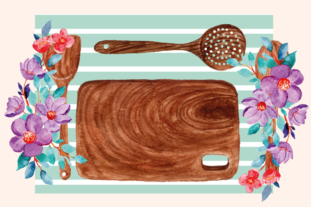 带有花朵纹理餐垫的木制餐具 - TenStickers