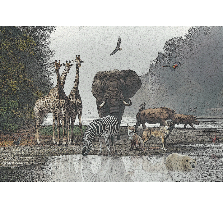 丛林壁画展现野生动物聚集场景 - TenStickers