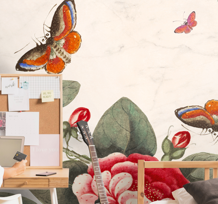 花卉照片墙与飞舞的昆虫与花朵 - TenStickers