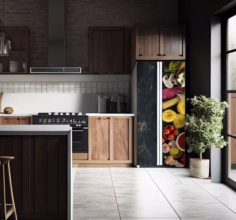 冰箱贴画 黑胶食物在木头上 - TenStickers