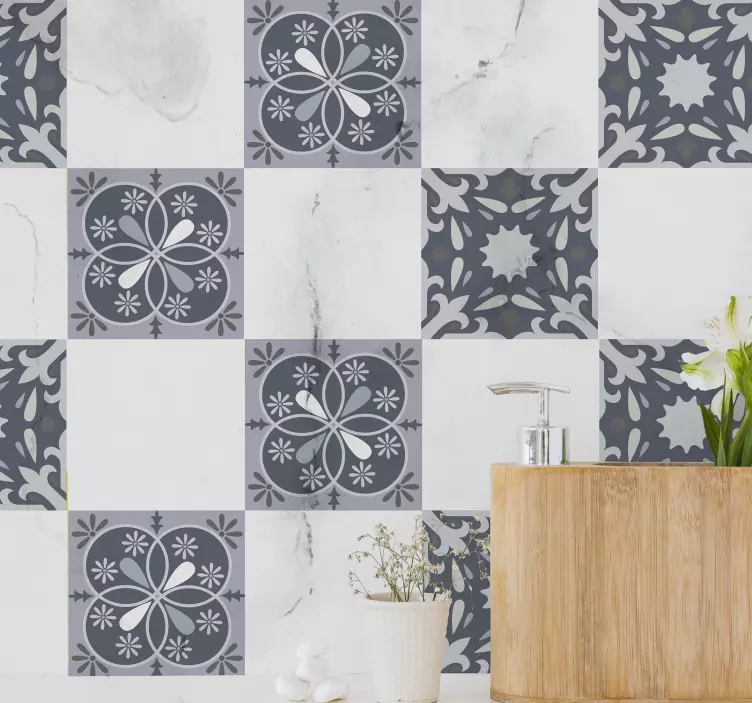 蓝色原始花朵瓷砖贴纸 - TenStickers