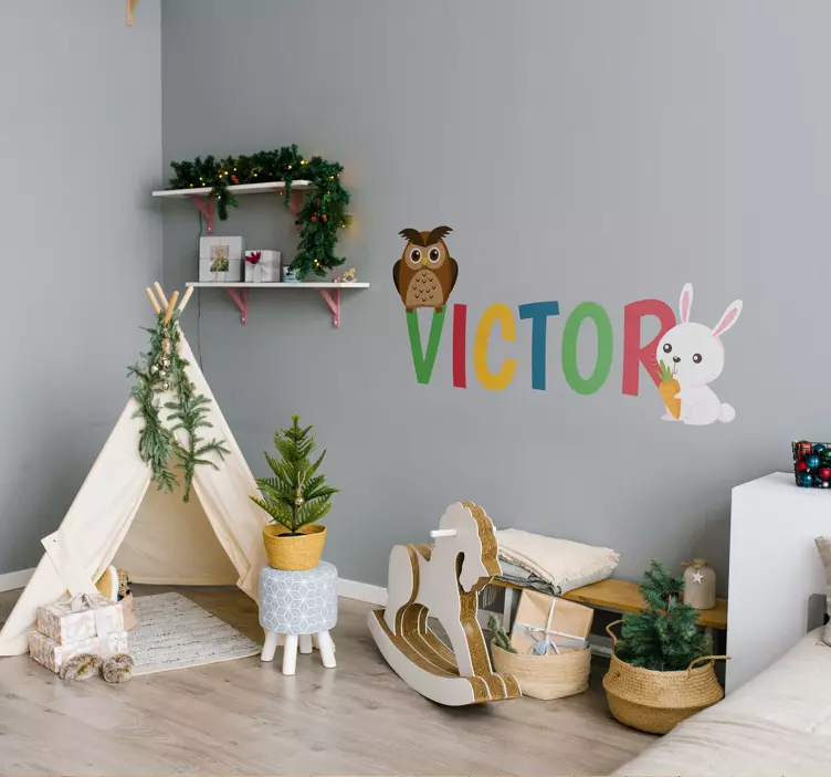 猫头鹰兔子自定义名字贴纸插画 - TenStickers