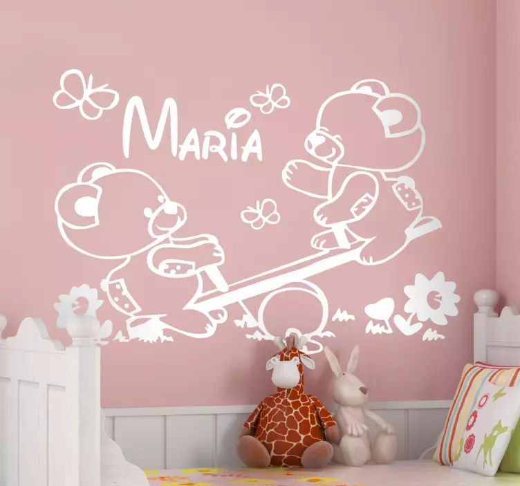 个性化的泰迪熊在跷跷板贴纸 - TenStickers