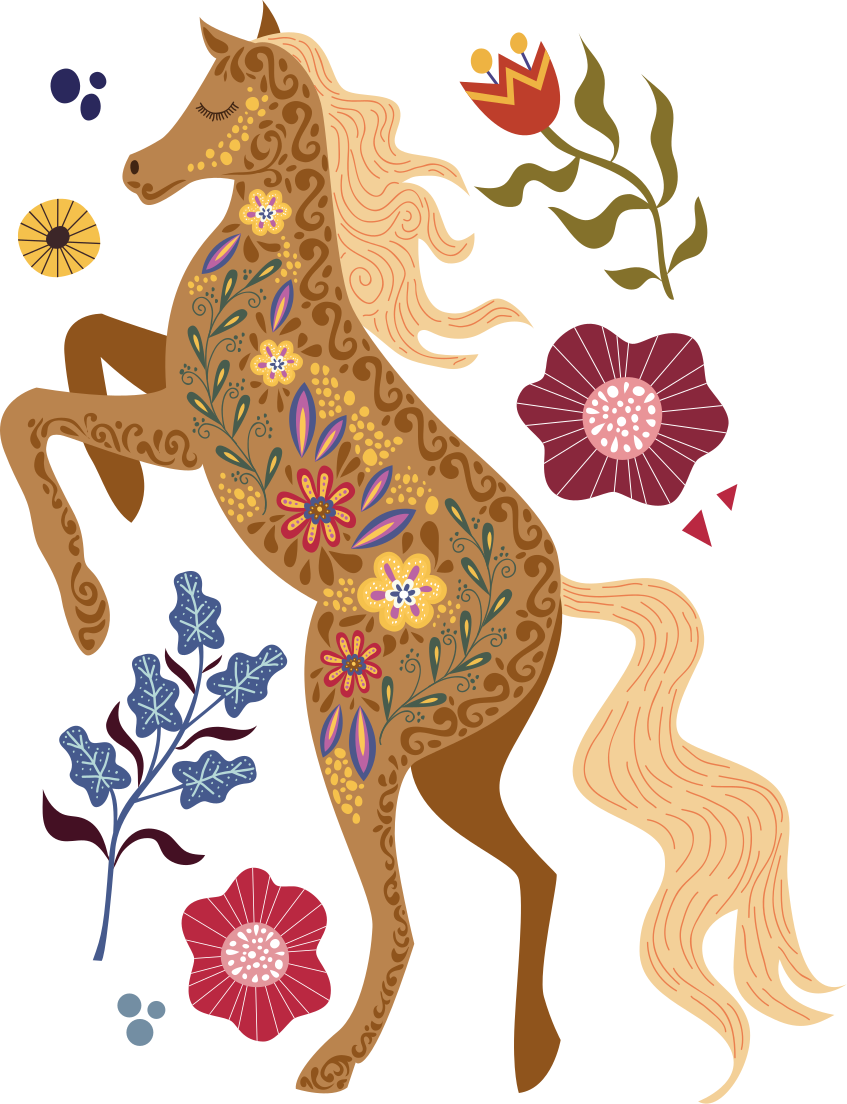 乙烯基花草地毯 野马民俗插画 - TenStickers