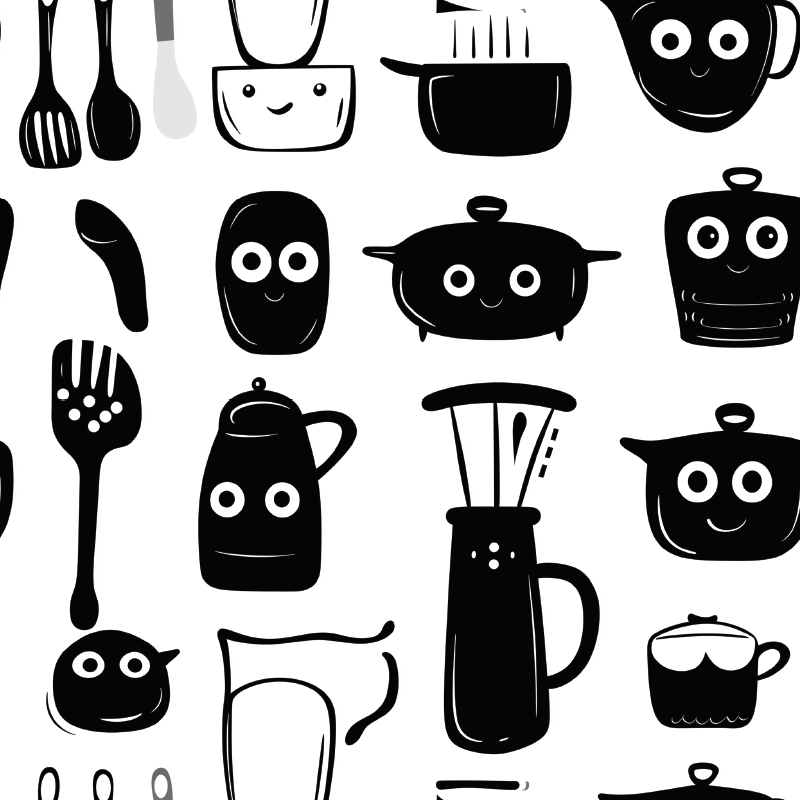 乙烯基厨房地毯与黑色餐具图案相结合 - TenStickers