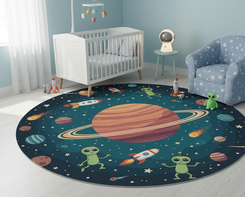 卧室乙烯基地毯新星球与搞笑外星人圆形插图 - TenStickers