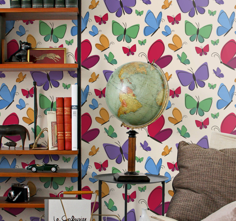 蝴蝶壁纸，米色背景上的彩色图案 - TenStickers